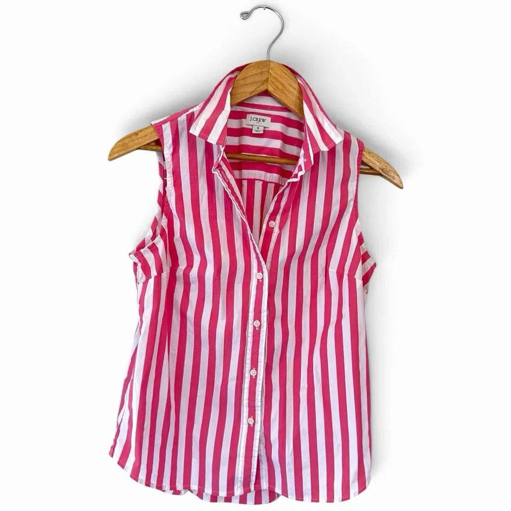 J.Crew Womens Small Pink White Striped Sleeveless Button Up Preppy Coastal Top